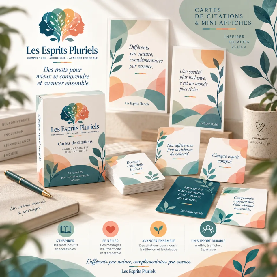 Projection de documents pratiques des Esprits Pluriels avec journal, cartes de communication et kit sensoriel