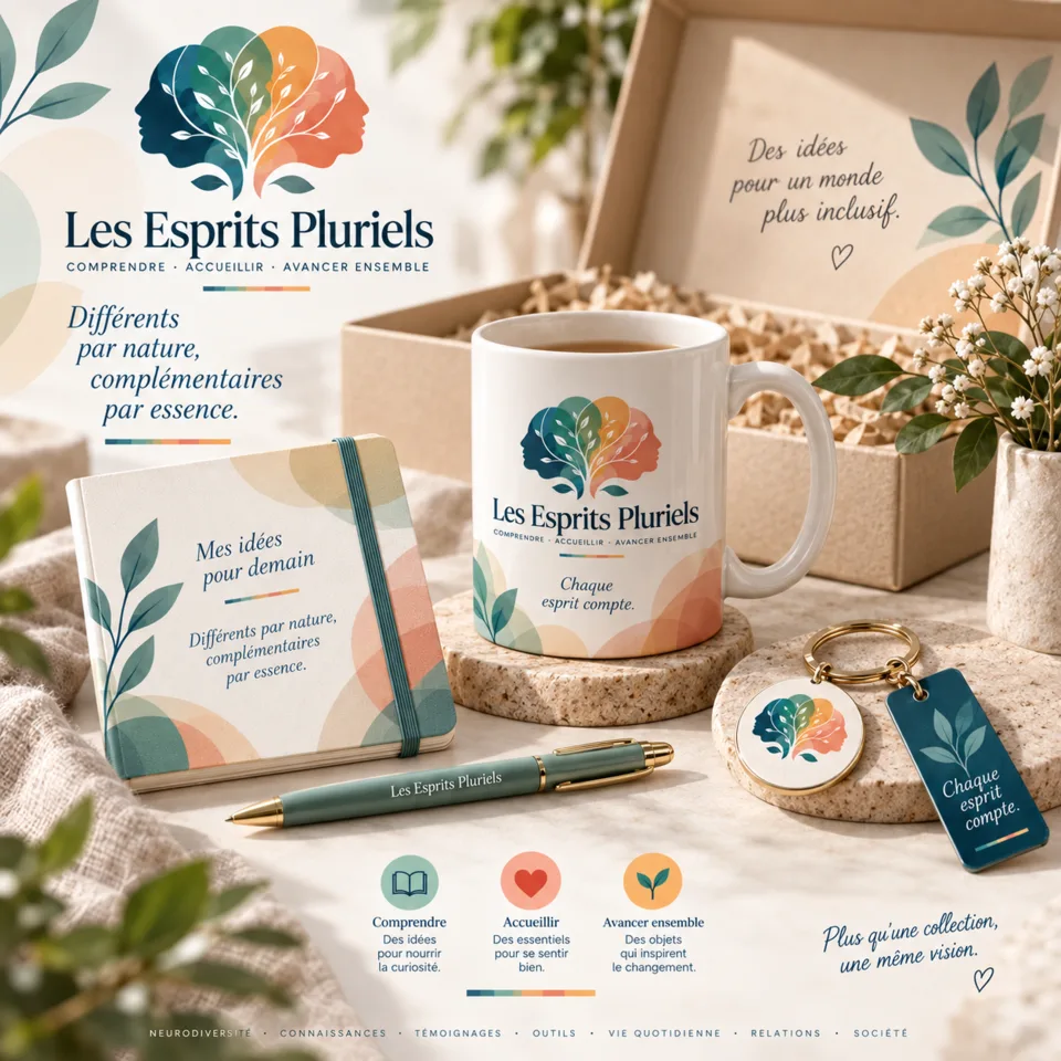 Projection d’une petite collection de goodies des Esprits Pluriels avec mug, carnet, stylo et porte-clés