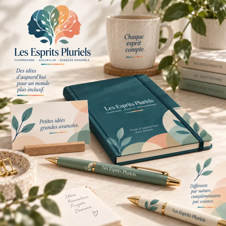 Univers éditorial des Esprits Pluriels avec carnets et papeterie aux couleurs du projet